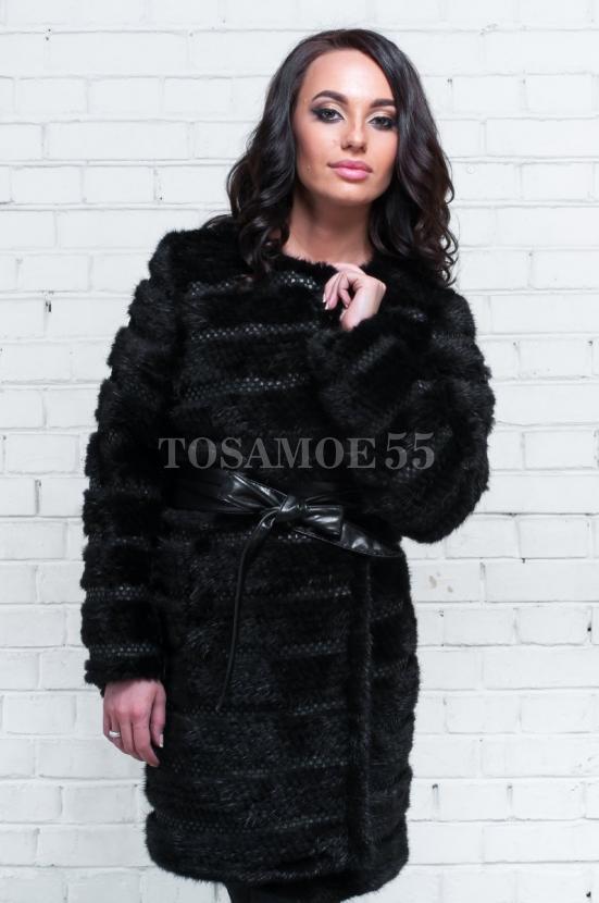 Пальто из норки черного цвета воротник лодочка фото №4